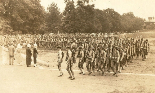 The VMI ROTC Infantry unit marching on the Parade Ground, circa 1920.
