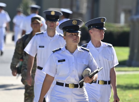Students (cadets) at VMI, a military college, walk to class on campus - which VMI calls Post.