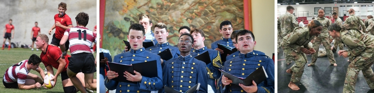 VMI cadets participate in rugby, glee club, and jiu jitsu.