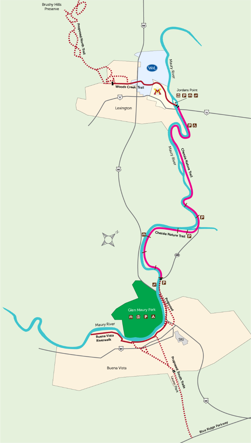A map showing the current route of the Chessie Trail along with the proposed connections to Brushy Hills and the Blue Ridge Parkway