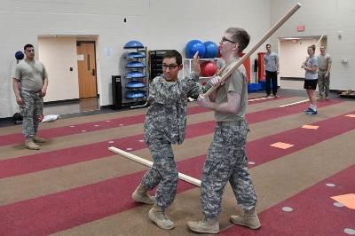 Maj. Matt Jarman demonstrates a defensive move during his modern warriorship class. – VMI Photo by H. Lockwood McLaughlin.