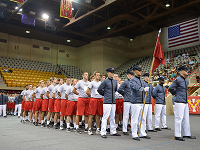 Image of new cadet company formed up in Cameron Hall