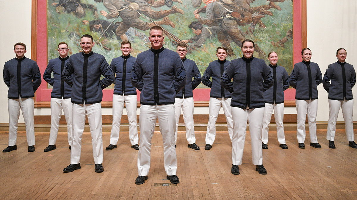 New leadership of the VMI Corps of Cadets pose for a photo in Memorial Hall at the military college after rank announcements.