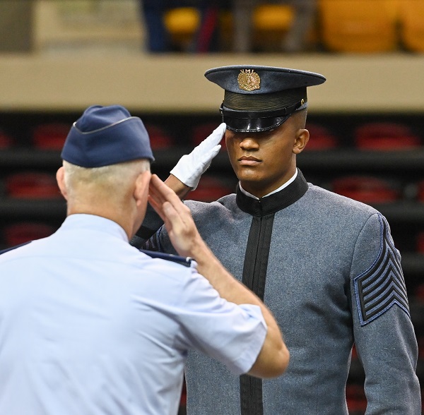Regimental Commander Devin Auzenne ’26 salutes the Commandant of Cadets, Col. Havird during Matriculation.