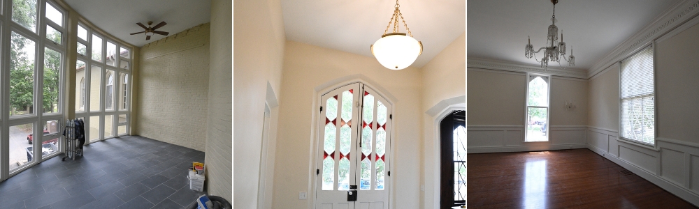 Interior views of various rooms within the Superintendent's Quarters, including stained glass and floor-to-ceiling windows.