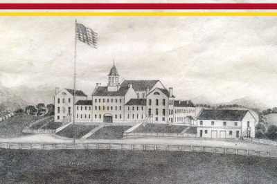 An early view of VMI showing original Barracks, Faculty Residences & Arsenal building; the Superintendent's residence is at far left. This lithograph appears on early Cadet Society certificates and other documents. VMI Archives.