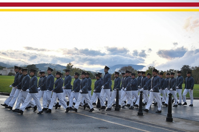 Students at VMI, known as cadets, march in formation outside barracks.