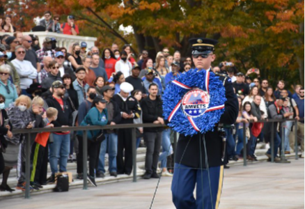 A wreath is carried at the Cadet Reflections on 2021 American Veterans Center Conference