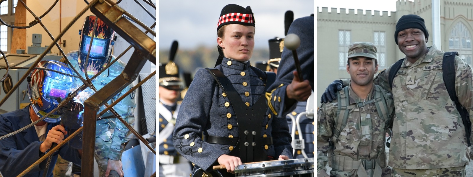 VMI cadets (students) participate participate in engineering class, parade, and military training at the historic military college.