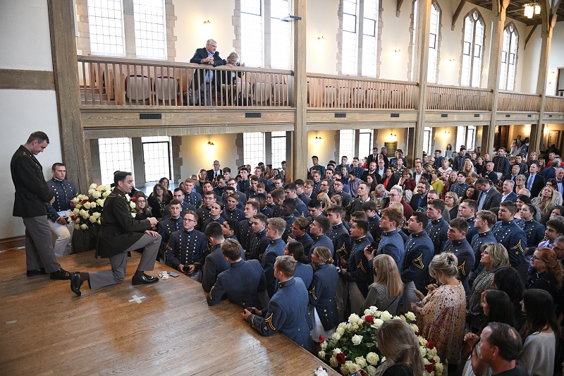 2nd Class cadets, VMI juniors, gather in prayer as part of the Ring Figure weekend.