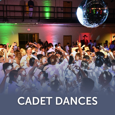 Cadets dance under a disco ball during a Harvest Hop - VMI's equivalent to a Homecoming Dance at other colleges.