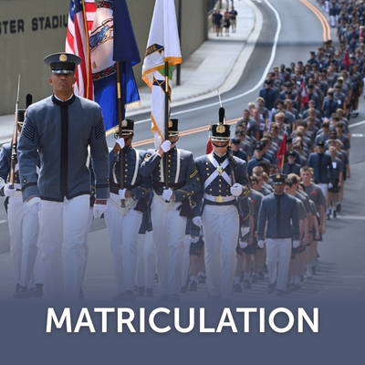 The Regimental Commander of the Corps leads VMI's freshmen along Main Street to head into barracks after Matriculation ceremonies.