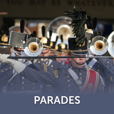 VMI's drum major leads the Regimental Band out of barracks towards the Parade Ground.