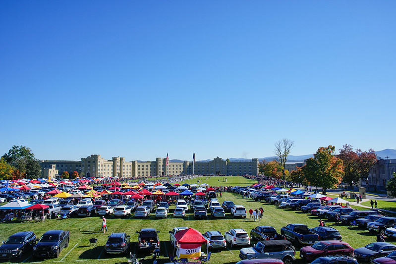 Cars and tents are set up on the Parade Ground for Family Weekend tailgating.
