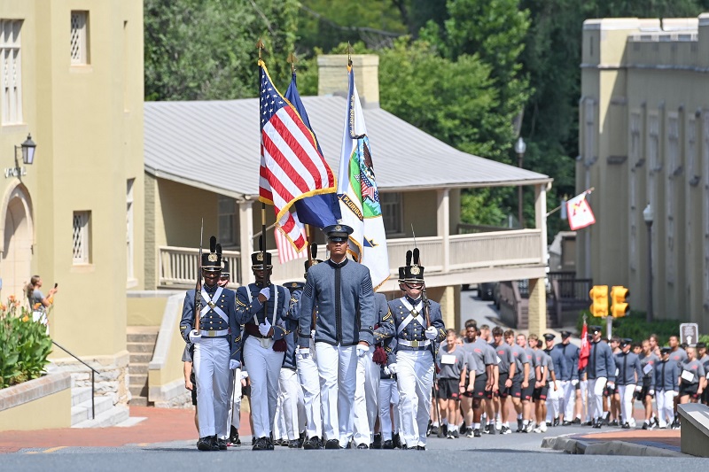 Corps leaders march the newest rats, VMI freshman, up Letcher Ave to barracks on Matriculation Day.