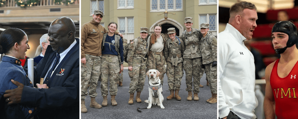 Collage photo: Alumni, the chaplain and CAVU, and athletic coach all speak with and celebrate cadets.