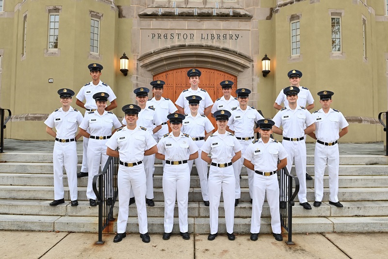 Students (cadets) at VMI who are members of the S-2 staff and serve as academic support to the Corps of Cadets pose in front of Preston Library on campus (post).