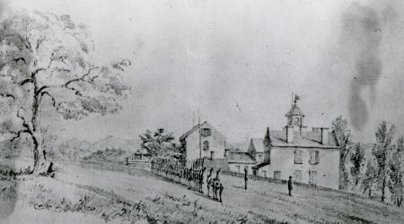 This is a drawing of VMI barracks by Seth Eastman from 1849. In the foreground. It appears that there are some cadets performing rifle drill led by another high-ranking cadet, with the barracks visible in the background.