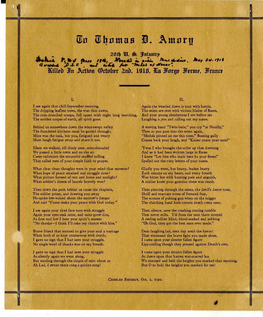 Memorial poem written by Charles Ridgely, paying tribute to Lieutenant Amory after his death. Accessible PDF available.