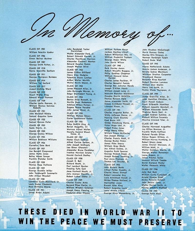 A memorial of all VMI alumni that gave their lives during World War II in service to our nation. Accessible PDF is linked.