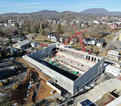 Aerial view of VMI Aquatic Center also known as the Corps Physical Training Facility under construction