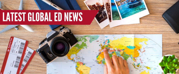 Global Ed News overlay on travel visuals.