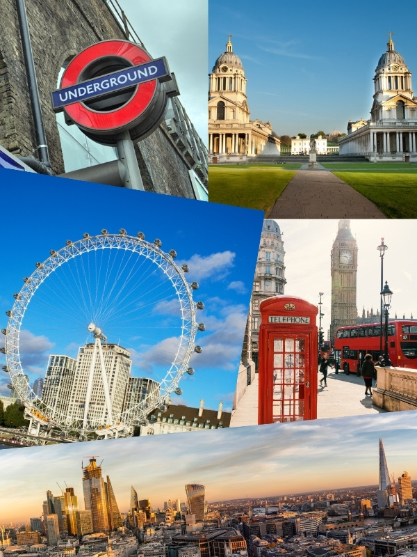 Collage of photos of London icons including Tower Bridge, the London Eye, and Big Ben.