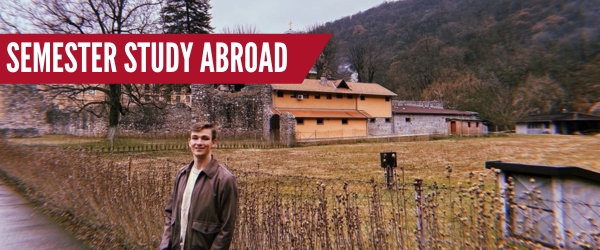 Semester Study Abroad text overlay on photo of cadet in Europe.