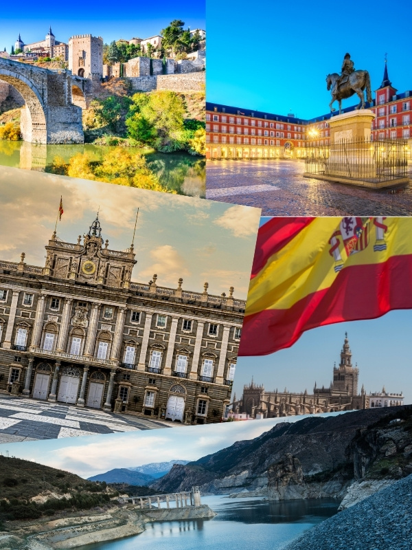 Collage of photos from Spain including the cities described in the program blurb.
