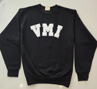 black crew sweathshirt with appliqued white VMI letters