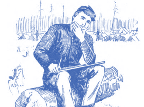 Sketch of Civil War soldier contemplating a letter being written