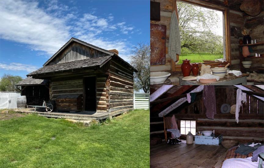 Photo left: Present-day Exterior. Photo top right: Interior. Photo bottom right: slave quarters