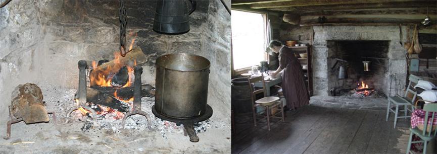 Photos - Left: Close-up photo of fireplace in Summer Kitchen Right: Photo of woman in period clothing preparing items with a fireplace in the background