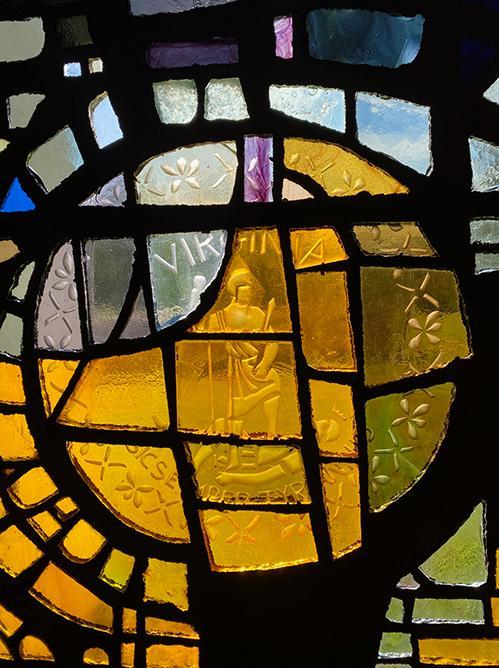 Close-up of Virginia Seal on Stained Glass Mural Wall