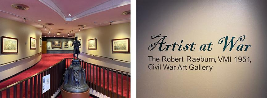 Side by side photos of museum hallway and Artist at War the Robert Raeburn Civil Ware Art Gallery sign
