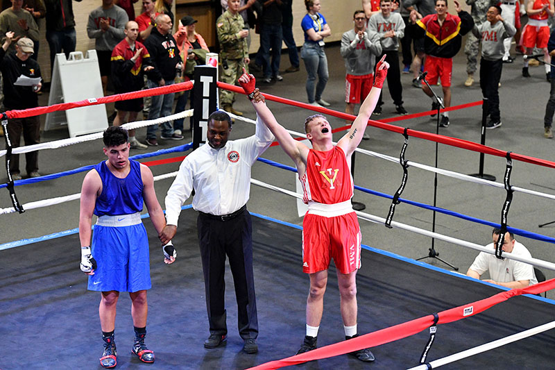 Ryan Freiwald ’18 is announced winner in his match against Florida International University’s Mike Vallejo during the quarterfinals of the USIBA national tournament last night. – VMI Photo by Stephen Hanes. 