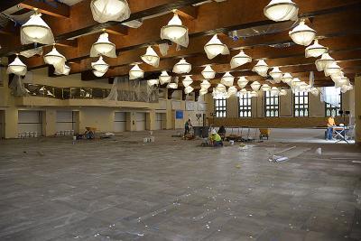 Contractors work in Crozet Hall, the Institute's main dining facility.