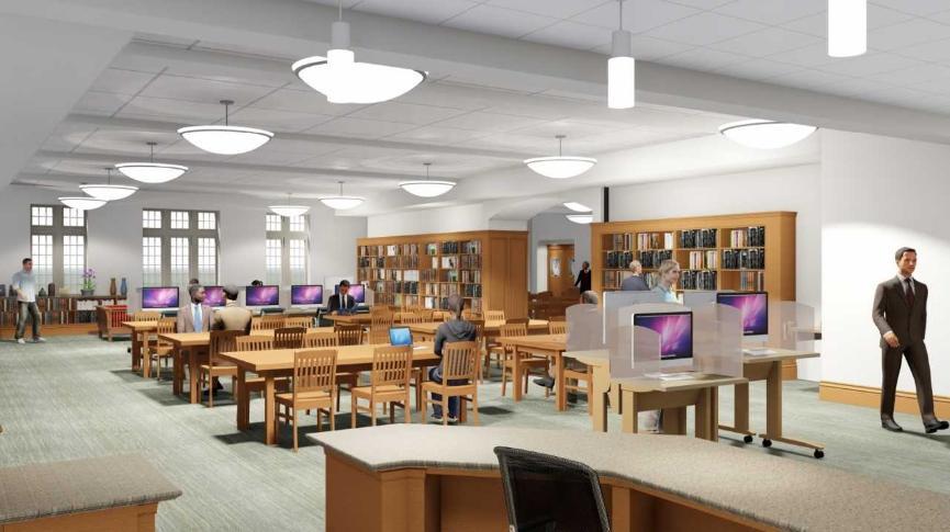 An architectural rendering of Preston Library's common area.