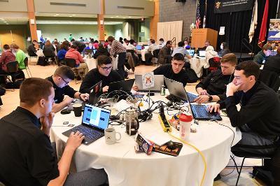 Cadets compete in the Cyber Cup Competition during Cyber Fusion in Marshall Hall Feb. 24.—VMI Photo by H. Lockwood McLaughlin.