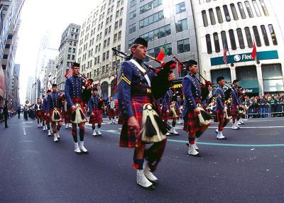 The VMI Pipe Band marches down 5th Avenue in New York City in 2003.