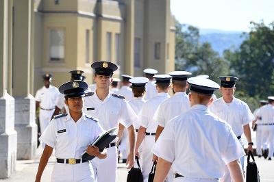 Cadets walk to class during the first week of classes at VMI.
