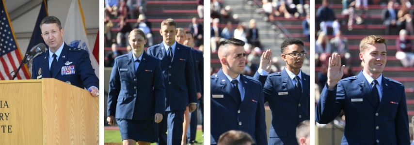 Photo collage of Maj. Gen. John D. Caine ’90, presiding over 2021 VMI Air Force and Space Commissioning Ceremony