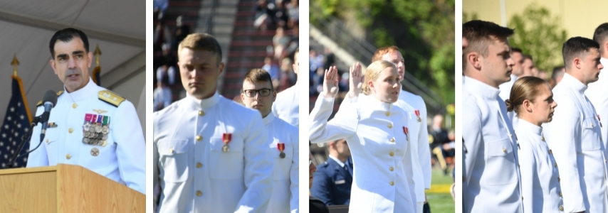 Photo collage of Rear Adm. Michael Steffen, commander of the Second Fleet, U.S. Navy, presiding over 2021 VMI Navy Commissioning Ceremony