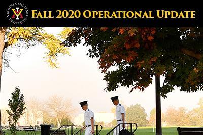 Photo of cadets walking on post in the fall with VMI logo and text of Fall 2020 Operational Update
