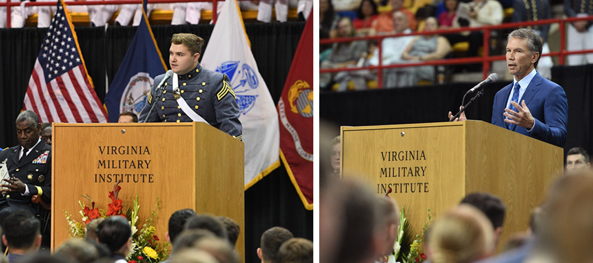 Chris Hulburt ’22, valedictorian, smiles as he shares fond memories of his cadetship during his speech in Cameron Hall. Jim Kavanaugh, CEO of World Wide Technology, addresses the Class of 2022 during the VMI commencement ceremony on May 16.—VMI Photos by H. Lockwood McLaughlin.