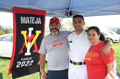 Members of the Mateja family pose at their tailgating tent during the 2021 Family Weekend on post. —VMI Photo by H. Lockwood McLaughlin