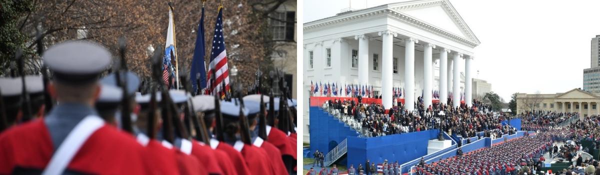 Left: VMI cadets march in 2022 Virginia inaugural parade. Right: VMI cadets march past the podium and Virginia Capitol building.