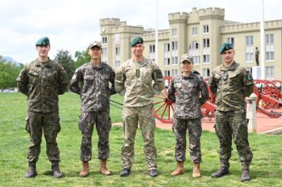 Military exchange cadets Mateusz Wos from Poland, Jaehyun Lee from South Korea, Rokas Sarkus from Lithuania, Hyemin Koo from South Korea, and Wiktor Koteras from Poland, spent spring semester studying and forming friendships at VMI. -VMI Photo by Eric Moore.