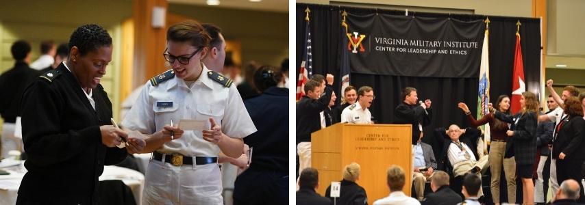 Two photos: VMI Cadet speaks with Lt. Col. Jamica Love, Chief Diversity Office, and cadets presenting on stage.
