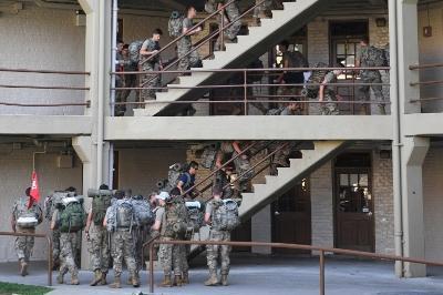 Cadets participating in the 9/11 memorial stair climb, an annual commemoration sponsored by the VMI Firefighting Club that involves climbing 110 flights of stairs, the heights of the two World Trade Center towers that were hit.